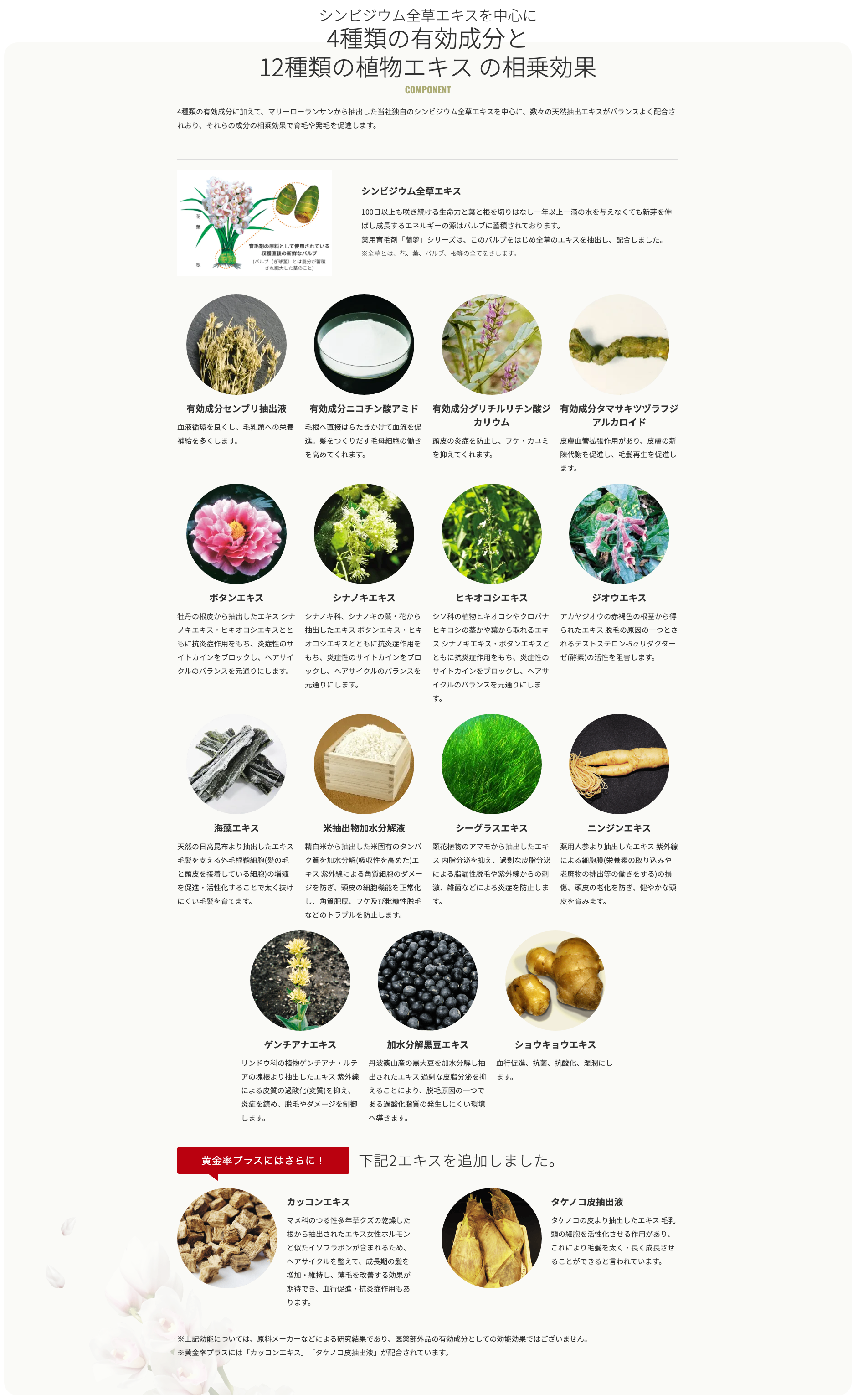 シンビジウム全草エキスを中心に4種類の有効成分と12種類の植物エキスの相乗効果